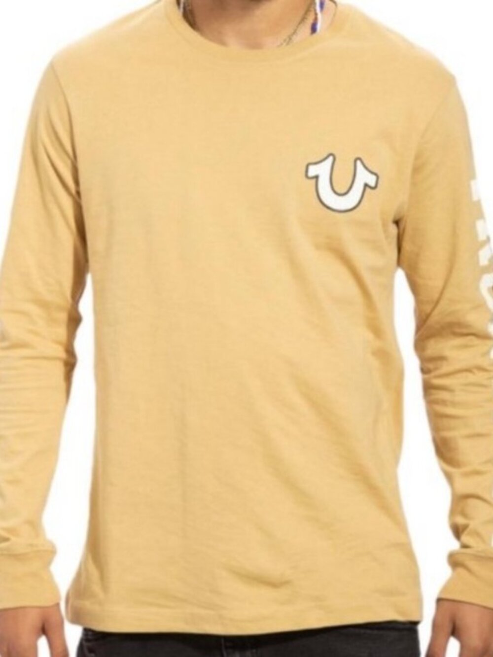 True Religion Long-Sleeve Crewneck in Mustard with White Sleeve Logos
